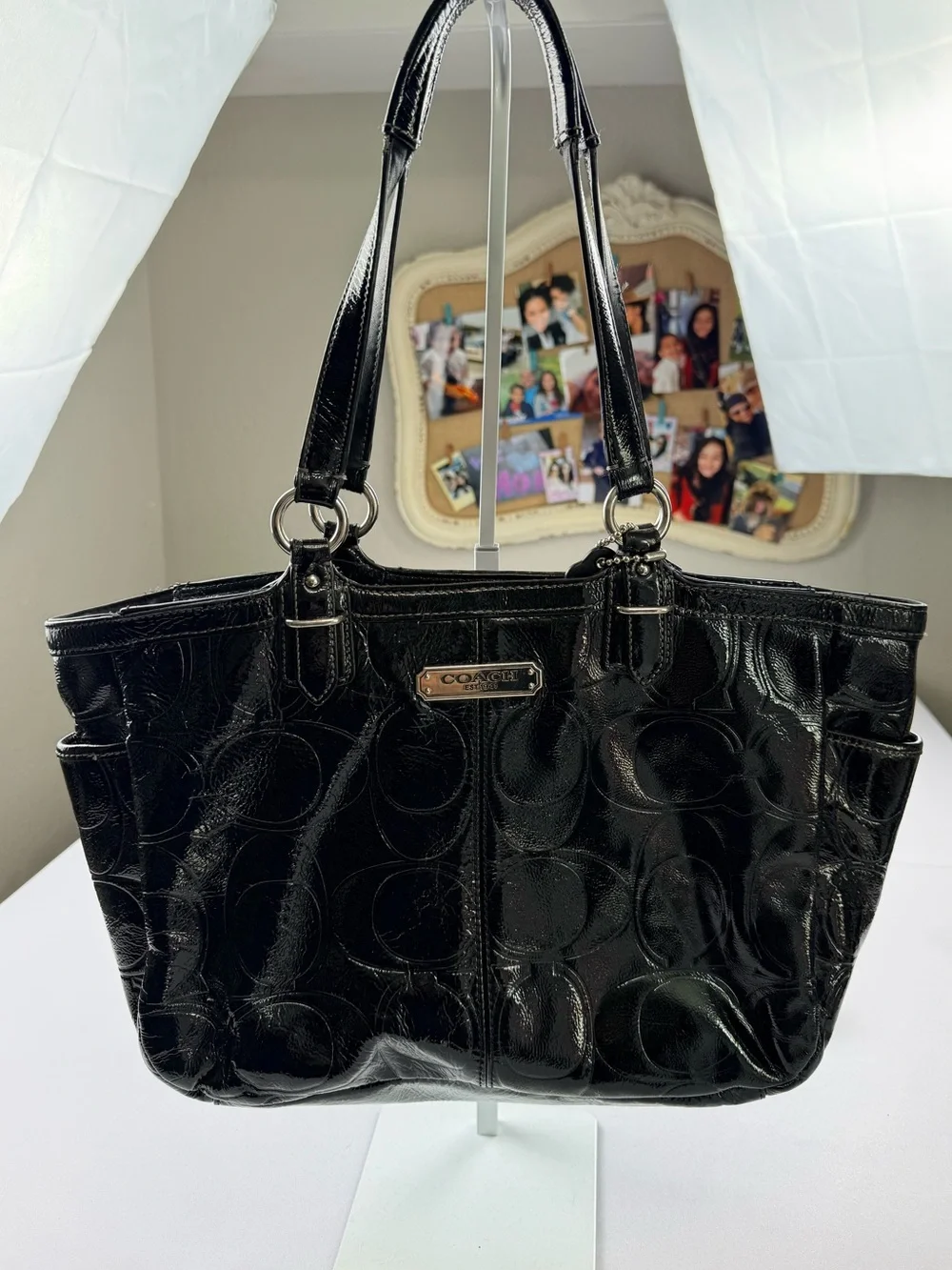 Coach Signature Patent Leather Shoulder Tote Black Silver Hardware F19463 Preppy